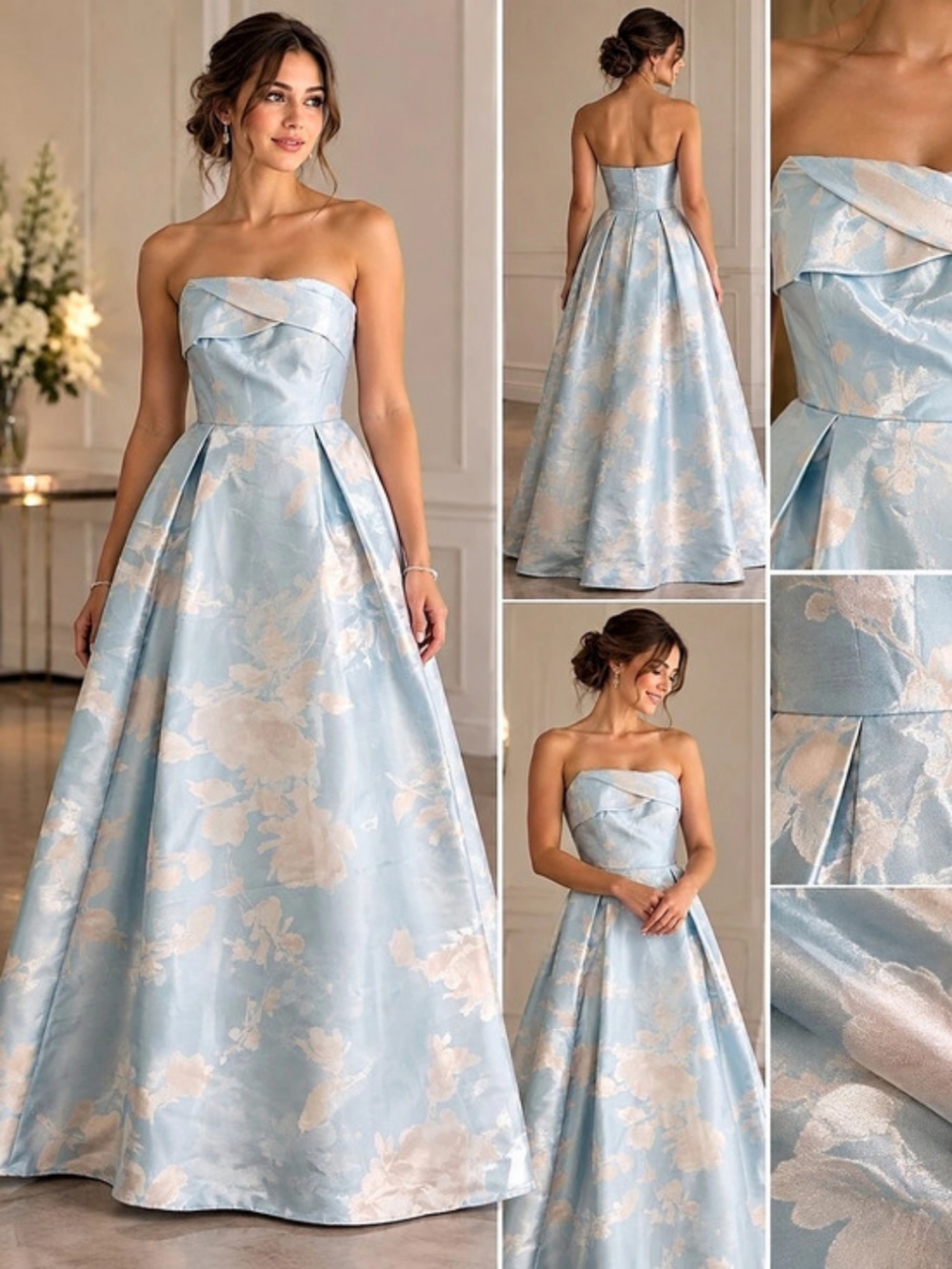 David's Bridal Floral Strapless Maxi Dress in Blue & Pink Size 8 Like New